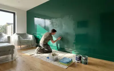 Hombre lijando pared verde brillante, preparándose para pintar. Muebles cubiertos, latas de pintura a mano.