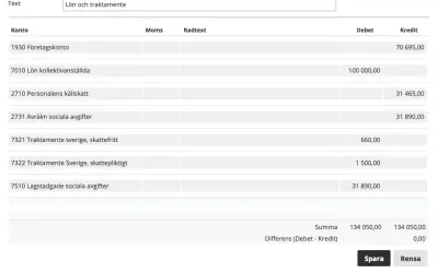 En tabell visar bokföringsposter för enskild firma, inklusive lön och traktamente.