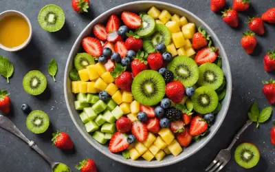 Un bol coloré de salade de fruits printemps : fraises, kiwis, ananas, myrtilles et mûres. Parfait pour un repas léger et rafraîchissant.