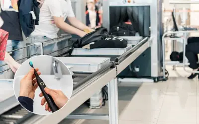 Spazzolino elettrico in aereo, pronto per essere messo nel bagaglio a mano. La sicurezza aeroportuale controlla borse e zaini.