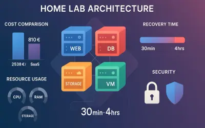 Architecture de labo domestique : stockage persistant pour Web, DB, VM et stockage. Coût, utilisation des ressources, temps de récupération et sécurité.