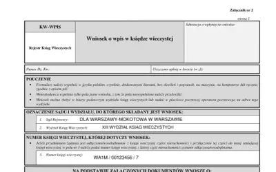 Formularz wniosku o wpis do księgi wieczystej, zawierający dane dotyczące sądu, numeru księgi wieczystej i pouczenia. Wniosek dotyczy zgody na wykreślenie hipoteki.