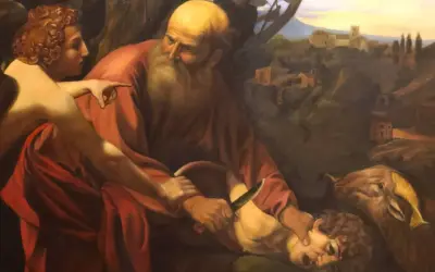 Abraham powstrzymany przed ofiarowaniem Izaaka. Baranek czeka obok.