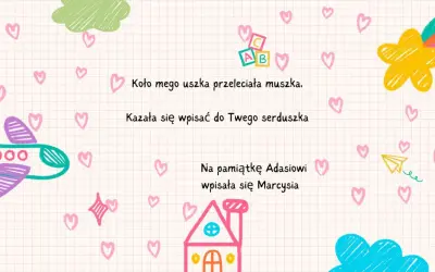 Złote myśli do pamiętnika dla dzieci: samolot, chmurka, gwiazdka i serduszka. Wierszyk o muszce, która wpisała się do serduszka.