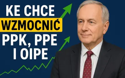 KE chce wzmocnić pracowniczy plan kapitałowy (PPK), PPE i I OIPE. Mężczyzna w garniturze na tle wykresu wzrostu.