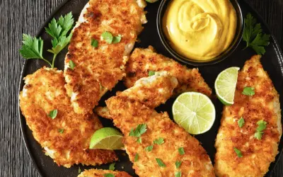 Chrupiący kotlet z piersi kurczaka, podany z sosem i limonką. Idealny na szybki obiad.