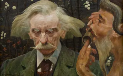 Portret mężczyzny z wąsami i faunem, symbolizujący przedstawicieli symbolizmu w malarstwie.