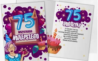 Wesołe kartki z życzeniami na 75 urodziny, z tortem, balonami i wesołą panią.