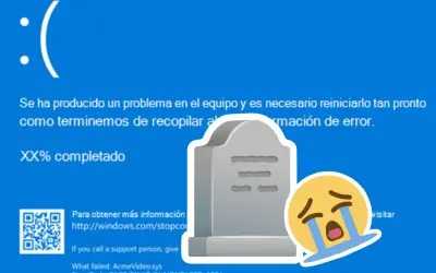 Pantalla negra de error de Windows con un emoji llorando y una lápida. El equipo ha muerto.
