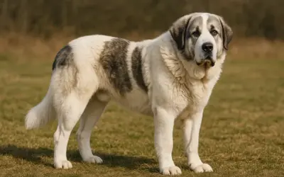 Majestueux chien de garde, digne des montagnes des Pyrénées, se tient sur une prairie.