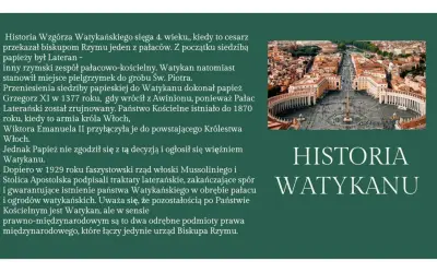 Widok z lotu ptaka na Plac Świętego Piotra i Bazylikę. Tekst opisuje ciekawostki o Watykanie, jego historię i powstanie państwa.
