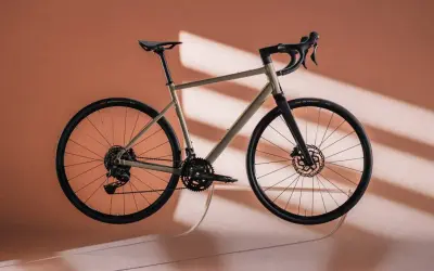 Ein Gravelbike in einem sanften Sandton, das wie ein Kunstwerk schwebt. Der Rahmen und die Reifen bilden einen harmonischen rose blend mit dem Hintergrund.