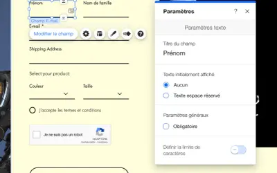 Paramètres du champ "Prénom" dans un tuto Wix. Configuration des options de texte et des paramètres généraux.