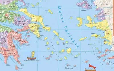 Mapa starożytnej Grecji z zaznaczonymi wyspami, lądami i morzem.