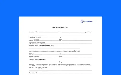 Umowa agencyjna, dokument z danymi Zleceniodawcy i Agenta, gotowy do wypełnienia.