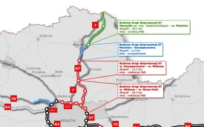 Mapa pokazuje budowę drogi ekspresowej S7 na kilku odcinkach, od Moczydła po Nową Hutę, z zaznaczonymi etapami prac.