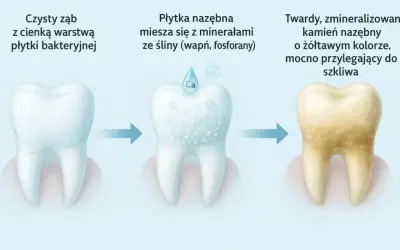Proces powstawania kamienia nazębnego z płytki bakteryjnej i minerałów ze śliny, prowadzący do próchnicy.