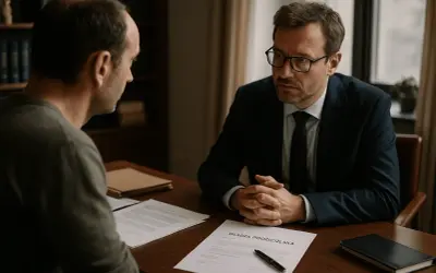 Mężczyzna w garniturze rozmawia z innym mężczyzną o zawieszeniu praw rodzicielskich. Na stole dokument z napisem "WŁADZA RODZICIELSKA".