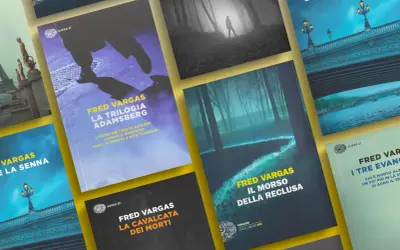 Copertine di libri di Fred Vargas, tra cui "La trilogia Adamsberg" e "Il morso della reclusa", che evocano mistero e suspense.