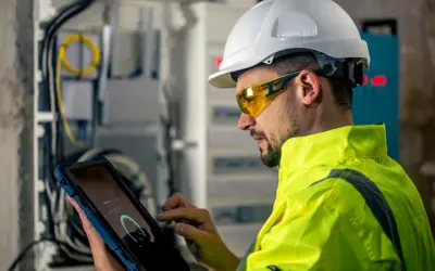 Technik w kamizelce odblaskowej i kasku wykonuje roczny przegląd budynku, analizując dane na tablecie przy skrzynce z okablowaniem.