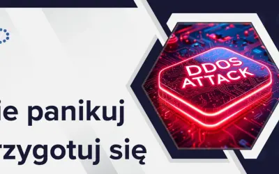 Nie panikuj, przygotuj się na ataki DDoS. Grafika przedstawia schemat obwodów drukowanych z napisem "DDOS ATTACK" w neonowym blasku.