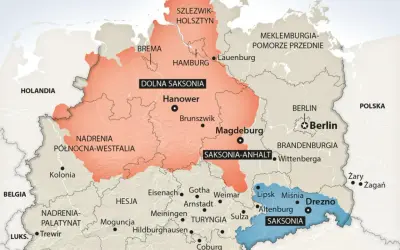 Mapa Niemiec z zaznaczonymi regionami. Sasi byli ludem germańskim, którego ziemie znajdowały się na terenie dzisiejszej Saksonii.