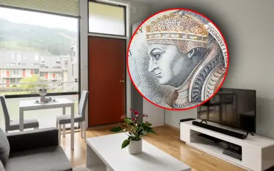 Nowoczesne mieszkanie z widokiem na góry. W rogu banknot z Zygmuntem, symbolizujący podatek od wynajmu.