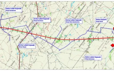 Mapa drogowa z zaznaczoną autostradą A1, granicami gmin i drogami.