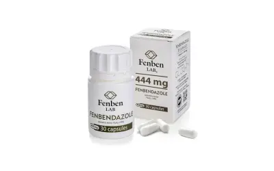 Opakowanie i kapsułki Fenbendazolu 444 mg od Fenben LAB. Produkt laboratoryjnie testowany, czystość >99%. Fenbendazol dla ludzi.