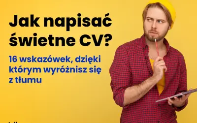 Mężczyzna zamyślony nad pisaniem CV. Pokazuje, jak jego cechy charakteru mogą pomóc w stworzeniu dokumentu, który wyróżni go z tłumu.