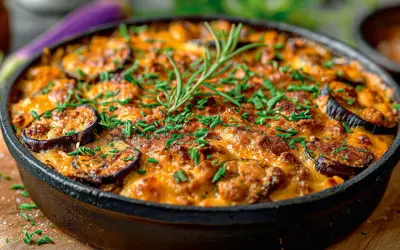 Ein köstlicher griechischer Auflauf Moussaka, mit Auberginenscheiben, Hackfleisch und Käse überbacken, garniert mit Rosmarin und Schnittlauch.