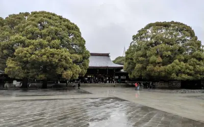 Regenzeit in Japan: Ein Tempel im Schatten großer Bäume, die nassen Steine spiegeln den grauen Himmel.