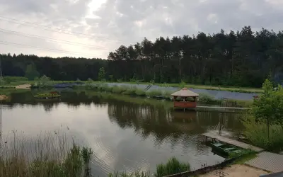 Malownicze łowisko Trzy Stawy z altaną na wodzie, małą wyspą i zieloną łódką przy pomoście.