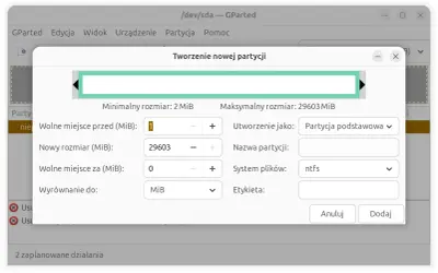 GParted: tworzenie nowej partycji na pendrive. Ustawianie rozmiaru, systemu plików ntfs i nazwy.