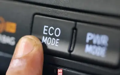 Palec naciska przycisk "ECO MODE", pytając "econ co to?". Obok przycisk "PWR MODE".