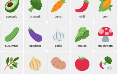 Tarjetas con imágenes de aguacate, brócoli, zanahoria, chile, maíz, pepino, berenjena, ajo, lechuga, champiñón, aceitunas, cebolla, patata, tomate y una verdura.