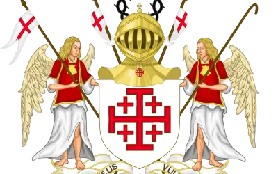 Herb z krzyżem jerozolimskim, dwoma aniołami, hełmem i koroną cierniową.