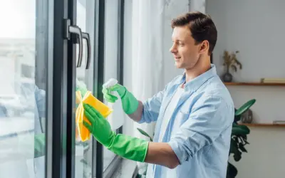 Mężczyzna w zielonych rękawiczkach czyści okna plastikowe, używając sprayu i żółtej ściereczki. Dbałość o detale to klucz do konserwacji okien.