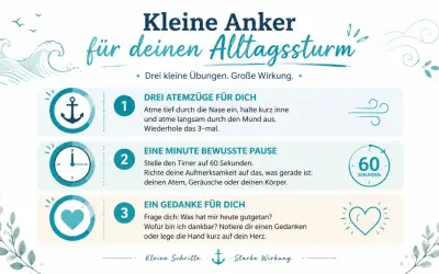Kleine Übungen für den Alltag: Atemzüge, bewusste Pause, Dankbarkeit. So kannst du zu dir selbst finden und Stärke gewinnen.