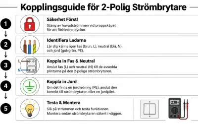 Steg-för-steg-guide för att koppla en 2-polig strömbrytare: säkerhet först, identifiera ledare, koppla in fas/neutral/jord, testa och montera.
