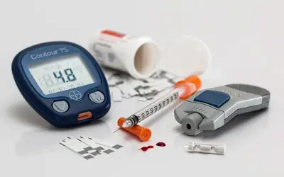 Glukometr, igła, lancet i paski testowe. Monitorowanie poziomu cukru we krwi pomaga wykryć spadek cukru objawy.