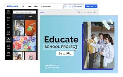 Plantillas de flipbook para proyectos escolares. Una presentación "Educate" con estudiantes en una pizarra.