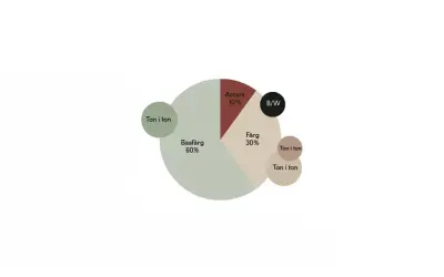 Diagram visar färgfördelning med ljusa toner: 60% basfärg, 30% färg, 10% accent och B/W.