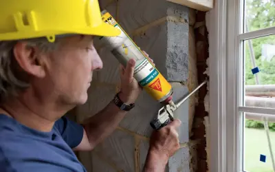 Hombre con casco amarillo usa sellador de poliuretano para rellenar huecos en instalación de ventana.