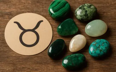 Symbol Byka obok kolekcji zielonych i turkusowych kamieni. Idealny kamień dla byka, który ceni piękno natury.