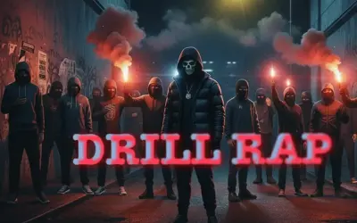 Grupa w kapturach z flarami, w centrum postać w masce czaszki. Napis "DRILL RAP" sugeruje mroczny klimat.