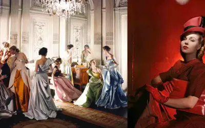 Cecil Beaton captura la elegancia de mujeres con vestidos de gala en un salón y un retrato en rojo vibrante.