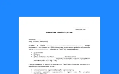 Dokumentacja pracownicza: wymierzenie kary porządkowej pracownikowi. Formularz zawiera dane pracownika, rodzaj kary (upomnienie, nagana, kara pieniężna) i przyczynę ukarania.