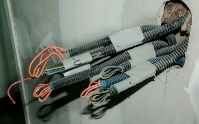 Przewody elektryczne w peszlach wychodzące ze ściany, gotowe do połączenia. Widać kolorowe żyły: pomarańczowe, niebieskie, brązowe, zielono-żółte.