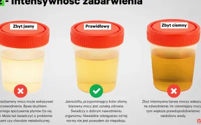 Trzy pojemniki z próbkami moczu o różnym zabarwieniu: zbyt jasnym, prawidłowym i zbyt ciemnym.